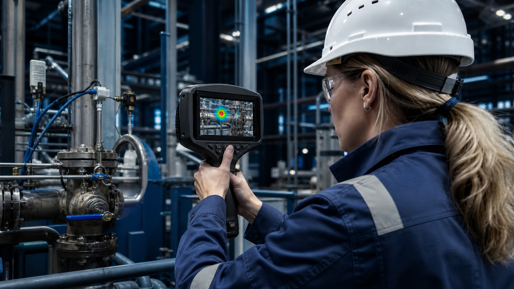 Foreign engineer performing an acoustic compressed-air leak survey